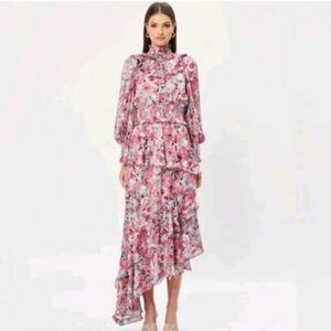 NWOT Anthropologie Elliatt Dorian Asymmetrical Floral Dress in Pink and Red